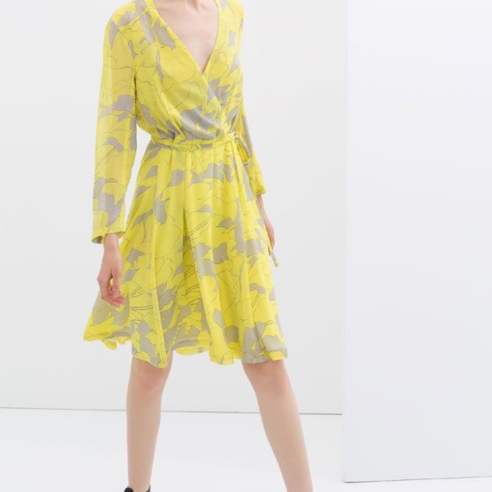 Zara yellow floral wrap dress